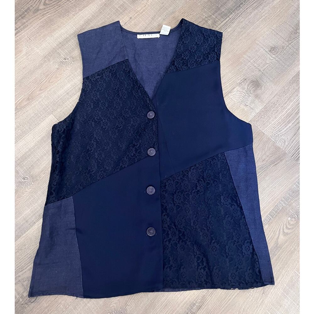 Chaus Navy Lace & Linen Blend Vest
